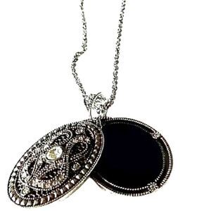 Lia Sophia Necklace Double Pendant Rhinestone Black Enamel Silver Tone NWOT